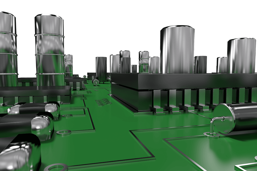 Metallic Components on Green Circuit Board with Transparent Background