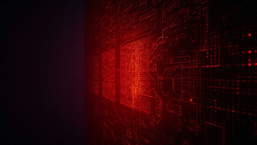 Glowing Red Digital Circuit Board with Data Nodes and Connectivity