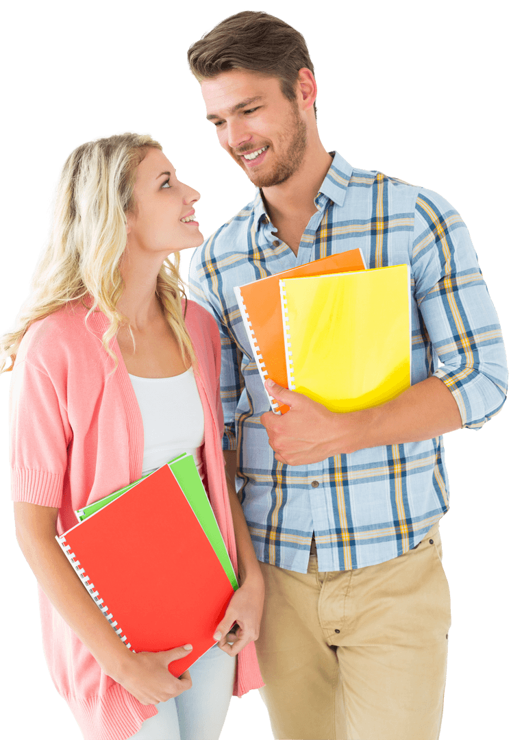 Smiling couple with notebooks on transparent background