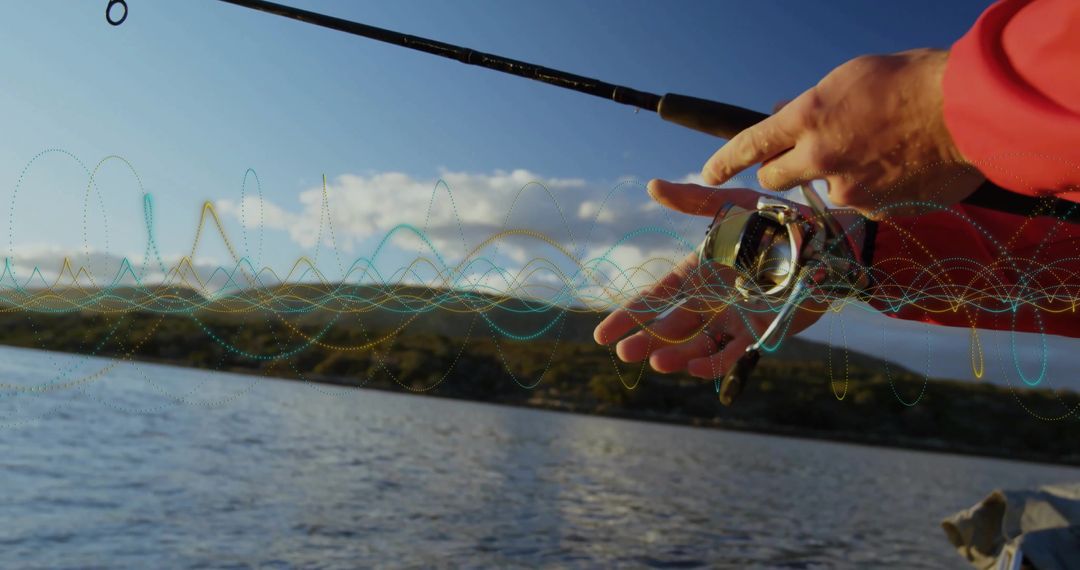 Adjusting Spinning Reel in Tranquil Lakeside Setting