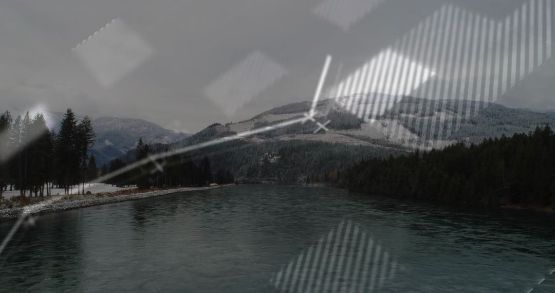 Serene River Flow with Digital Overlay Mountain View Landscape