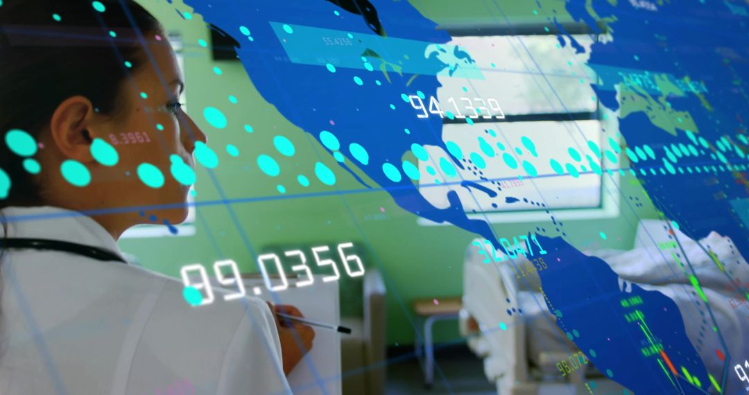 Doctor Reviewing Patient Data with Digital Global Health Analytics Overlay in Hospital Ward