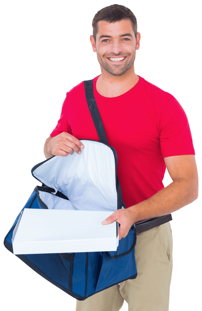 Happy Delivery Man with Fresh Pizza in Transparent Background