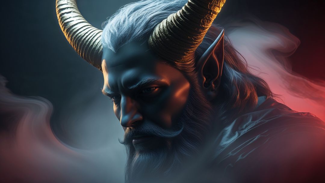 Mystical horned satan in dark mist with dramatic lighting
