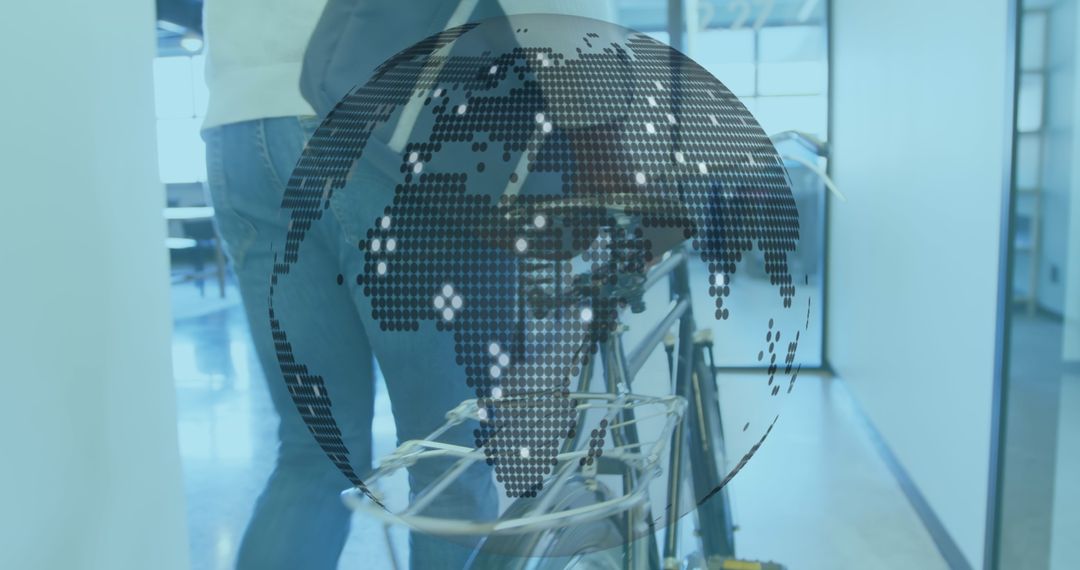 Office Team Walking with Bicycle and Digital Globe Overlay