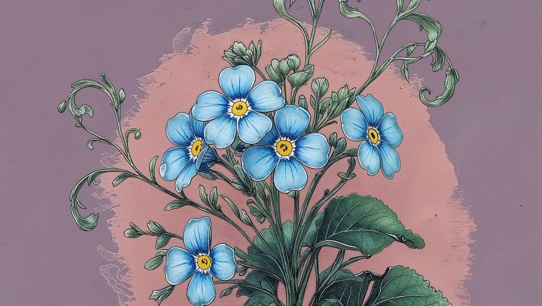 Elegant botanical art with yellow-centered blue forget me not flowers on mauve