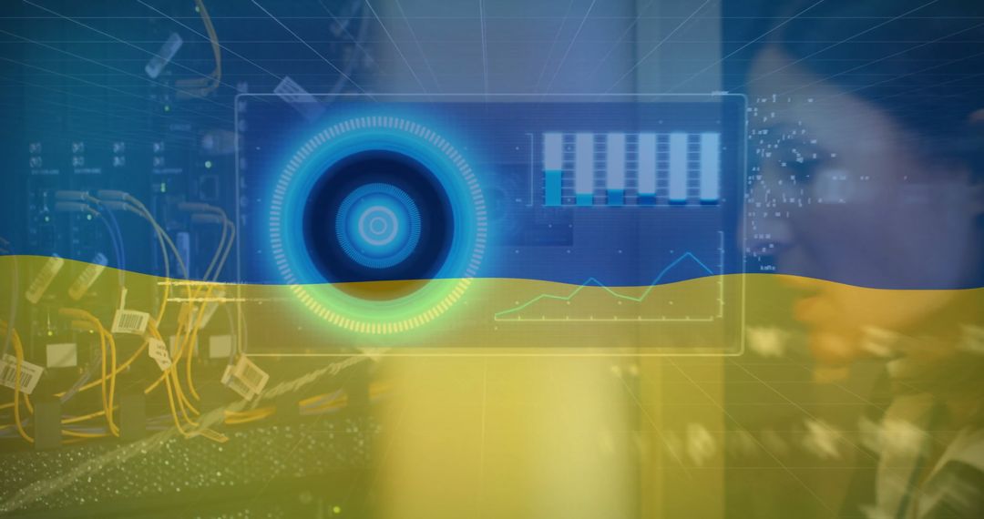 Flag of Ukraine with Futuristic Digital Data Interface Overlay