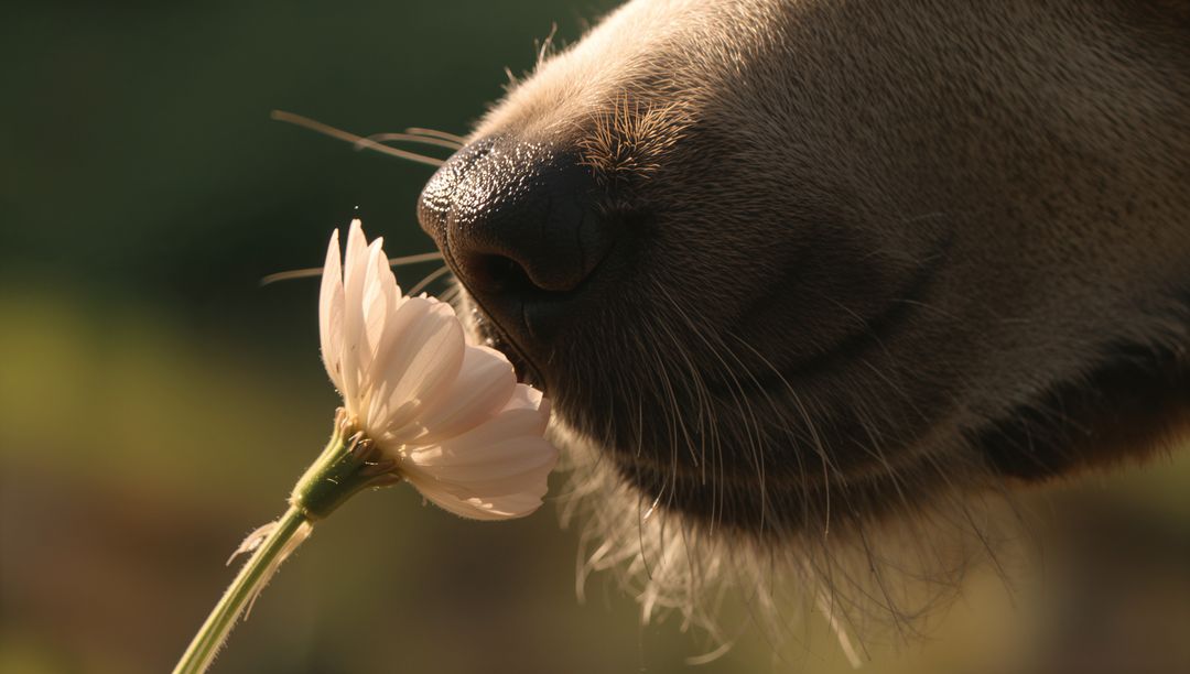 Curious Dog Snout Sniffing Pale Daisy Closeup Showing Wet Nose Whiskers and Gentle Muzzle