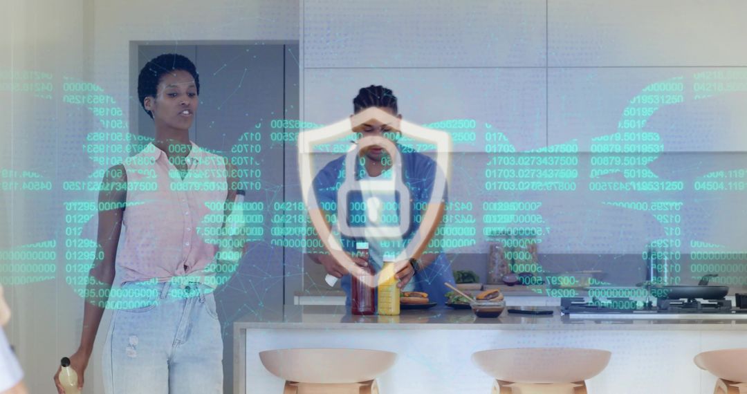 Office colleagues prepping lunch in modern kitchen with cybersecurity lock hologram overlay