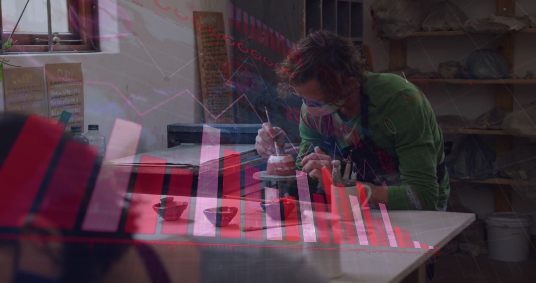 Double Exposure of Potter in Studio with COVID-19 Statistics Overlay