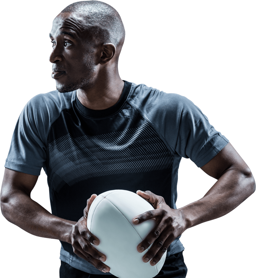 Rugby Player Holding Ball, Concentrated Expression, Transparent Background
