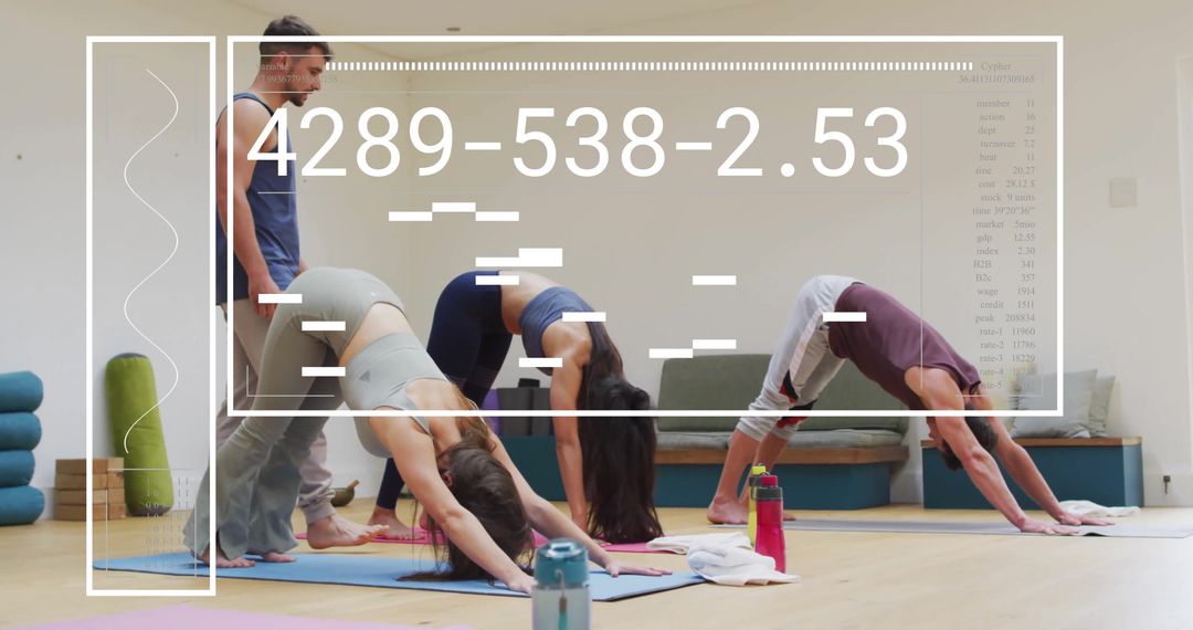 Diverse Group Practicing Yoga with Digital Health Interface