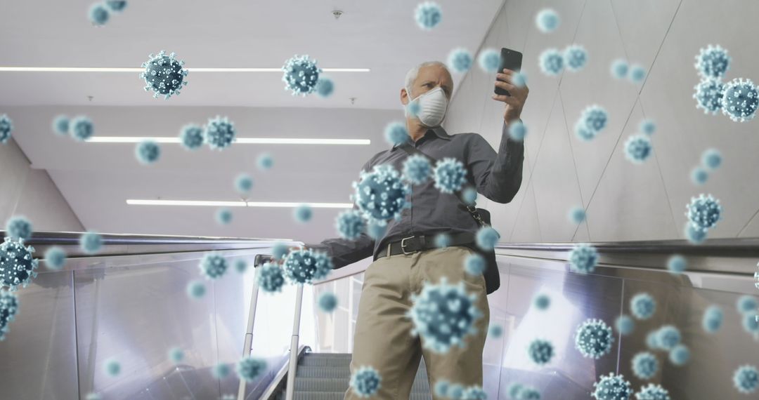 Man Wearing Face Mask Surrounded by Digital Virus Particles