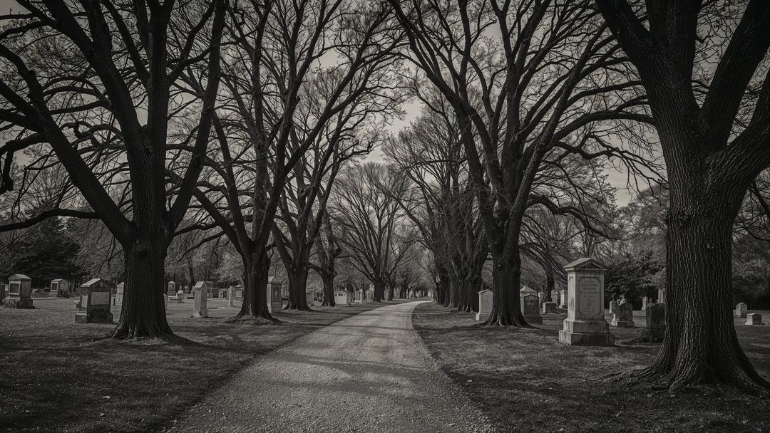 Serene Cemetery Pathway with Gravestones and Majestic Trees