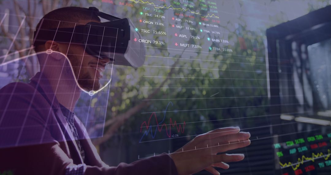 Young Man Using VR to Interact with Digital Financial Data