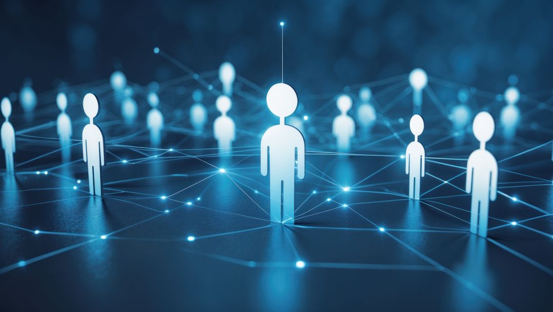 Futuristic Network Illustration with Connected Icons and Light Nodes