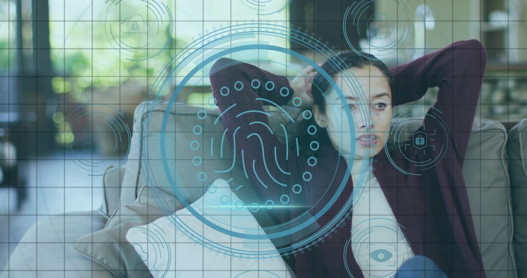 Relaxed Woman Using Biometric Security Interface at Home