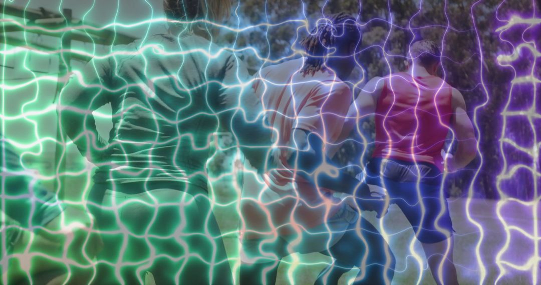 Group Running on Trail with Neon Grid Overlay Effects