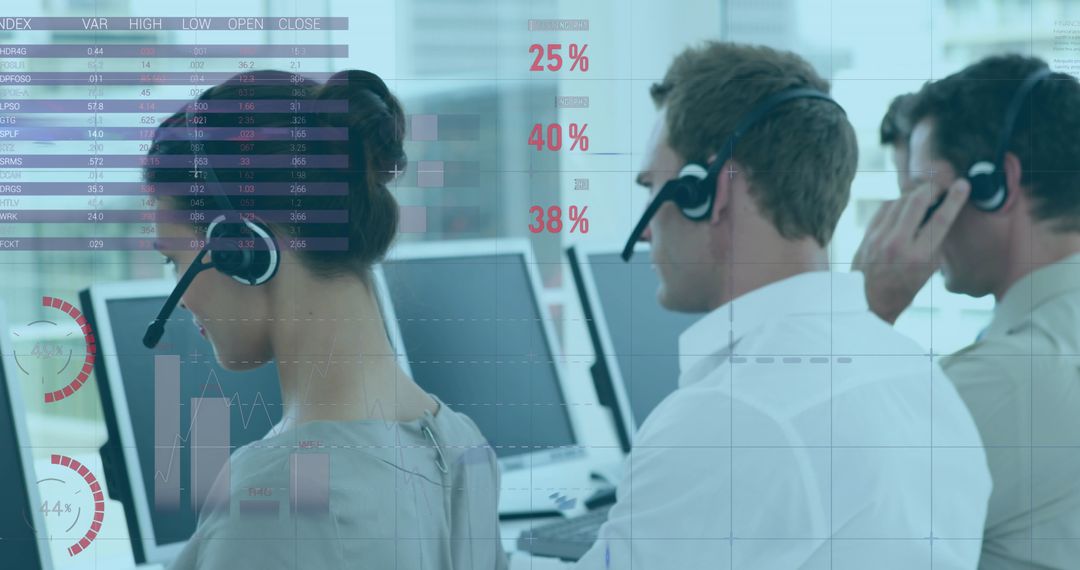 Professional Call Center Team with Digital Analytics Overlay in Modern Office