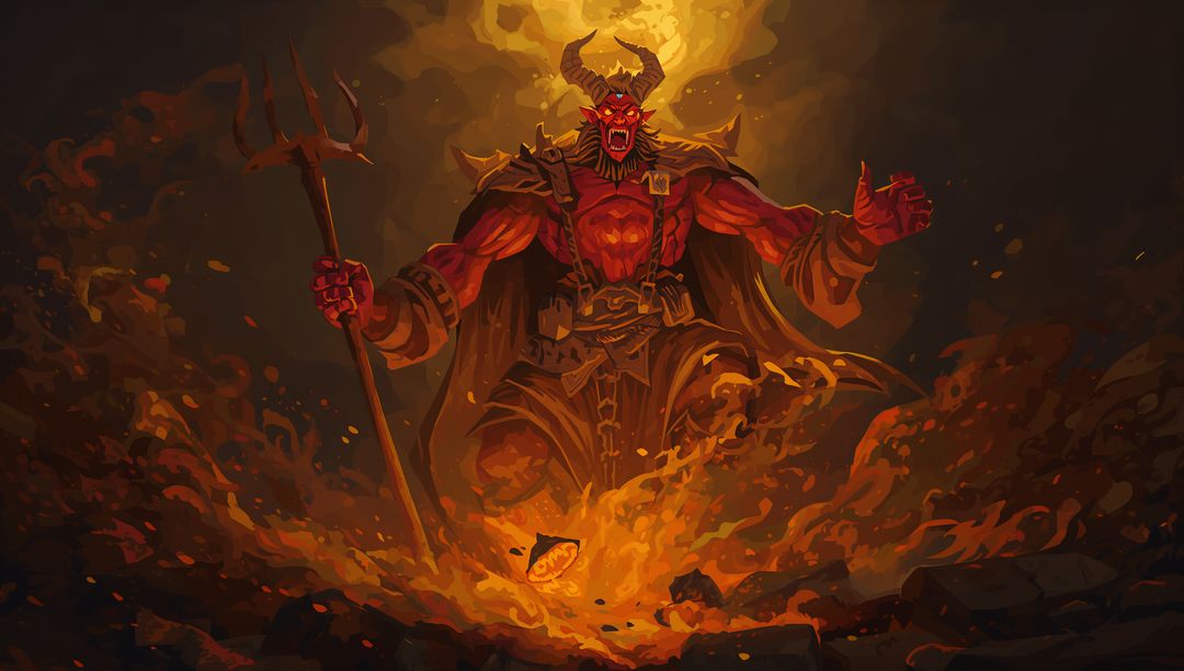 Fiery Red-Skinned Demon Emerging from Hellish Flames