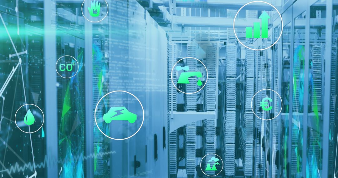 Futuristic Server Room with Icon Interface Overlay