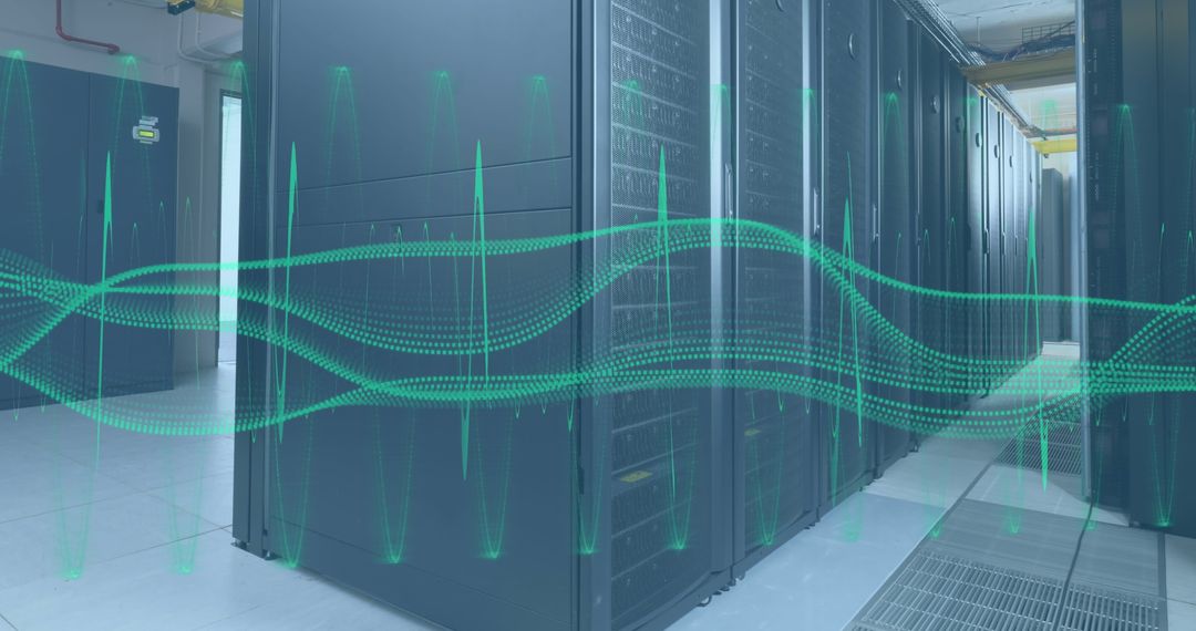 Abstract Data Waves Flowing Through Modern Server Room