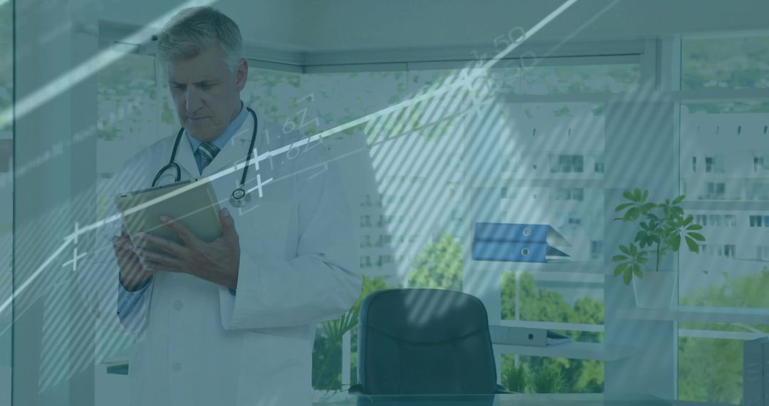 Doctor Analyzing Tablet with Virtual Medical Data in Modern Office