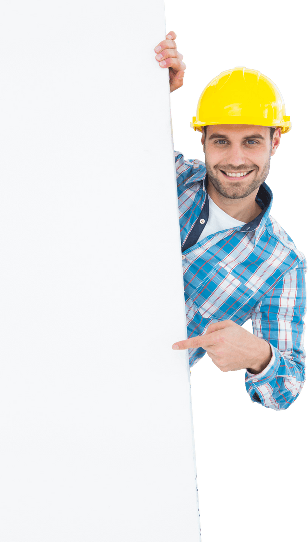 Smiling Worker with Hard Hat Pointing at Transparent Blank Board - Download Free Stock Images Pikwizard.com