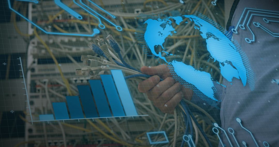 Engineer Managing Network Cables in High-Tech Server Room