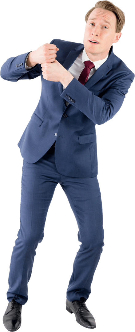 Transparent Anxious Businessman Pulling Something in Blue Suit