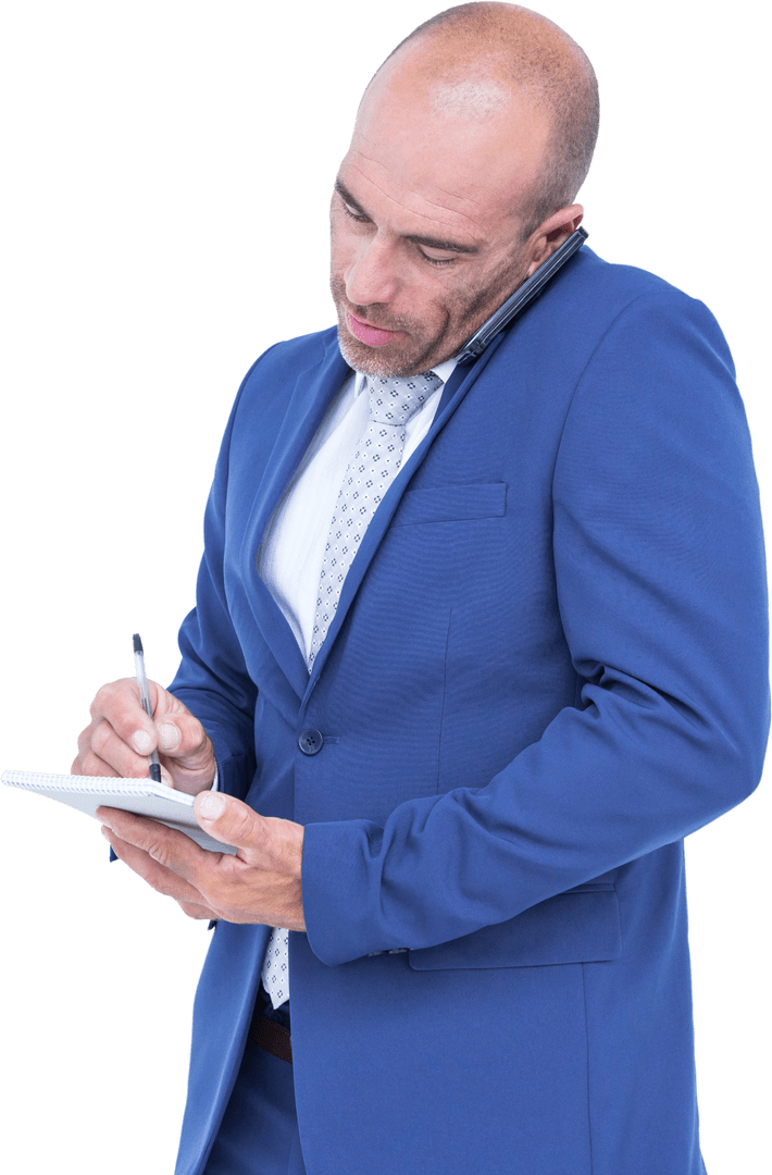 Businessman Multitasking with Notebook and Phone on Transparent Background
