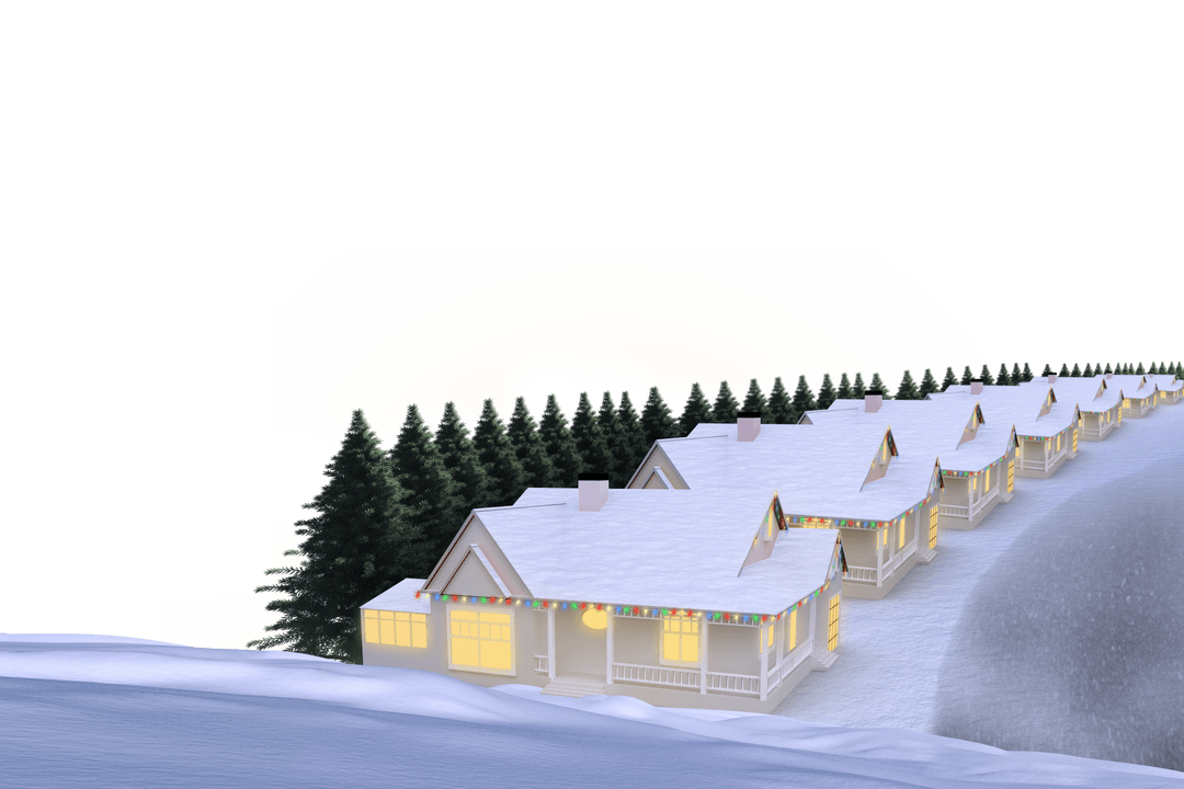 Winter Cottages with Sunrise over Forest on Transparent Background