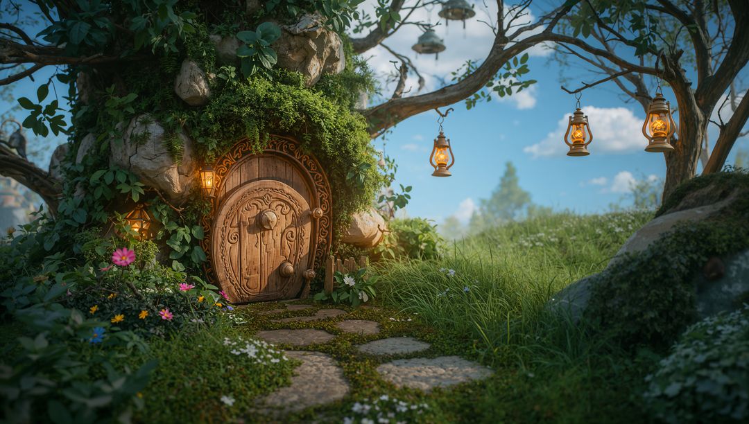 Enchanted wooden door with lanterns in fairy tale meadow
