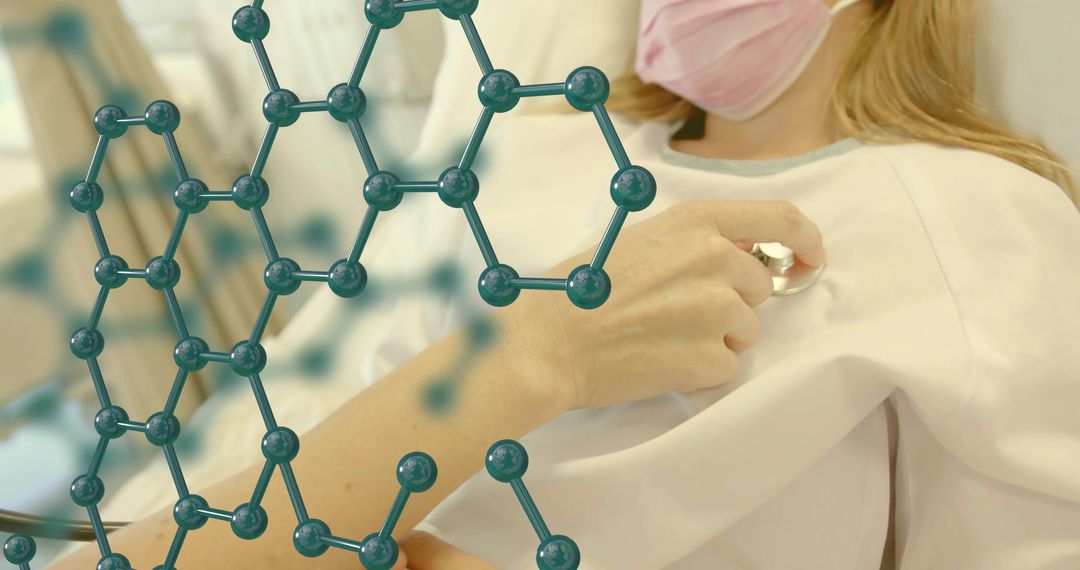 Reclining patient undergoing chest exam with stethoscope and molecular network overlay