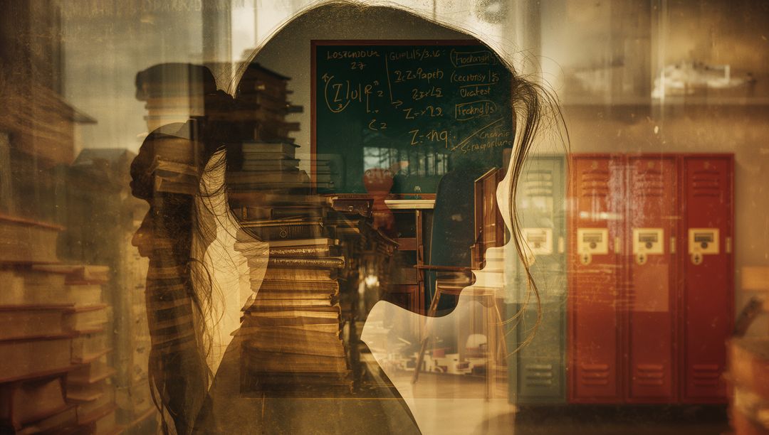 Silhouette of Student with School Elements and Mathematical Formulas