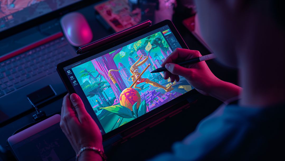 Digital Artist Illustrating Surreal Monkey Scene on Pen Tablet