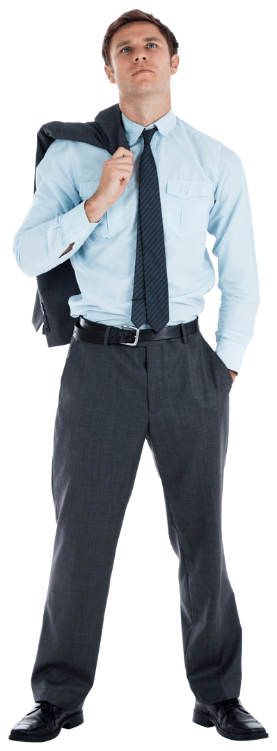 Transparent Serious Businessman Holding Jacket in Contemplative Pose