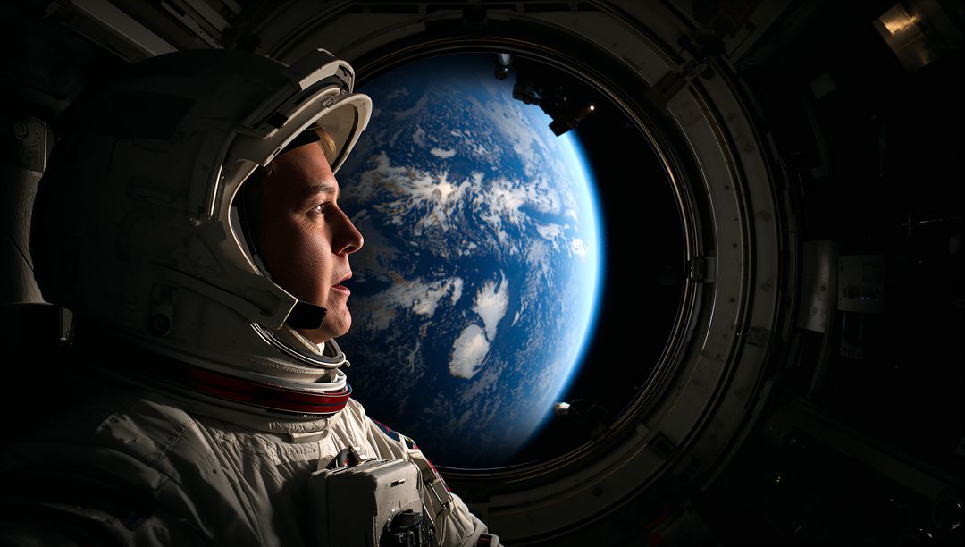Astronaut Viewing Earth from Spacecraft with Futuristic Perspective