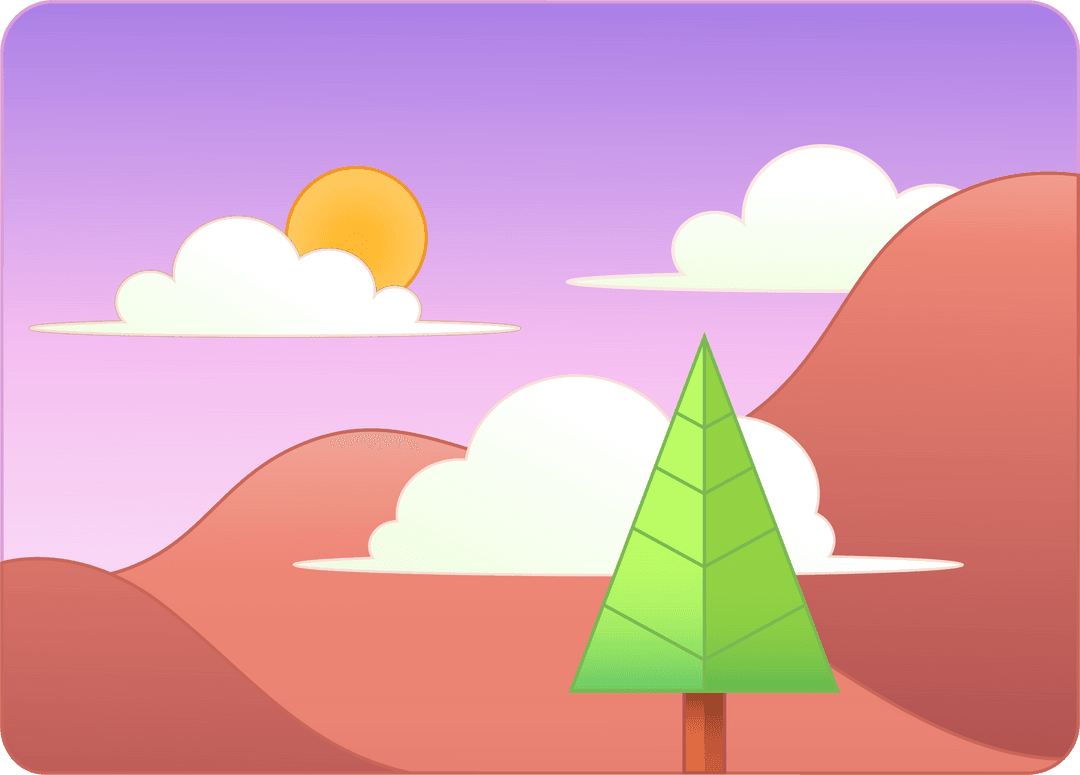 Transparent Background Flat Design Pine Tree with Sun, Clouds, Red Hills