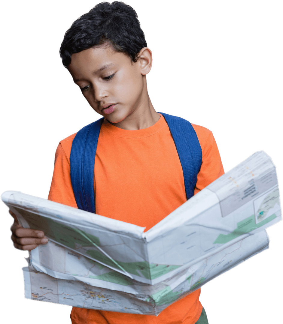 Curious Schoolboy on Transparent Background Reading Large Map