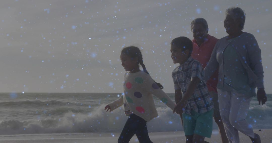 Multigenerational Family Strolling by Ocean as Waves Gently Crash