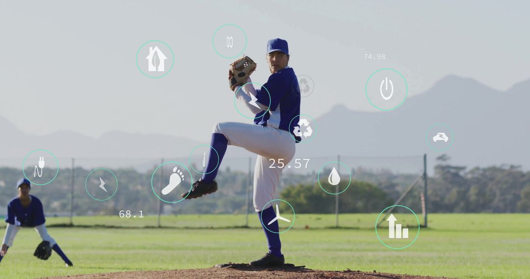 Baseball Player Pitching with Futuristic Data Graphics Overlay