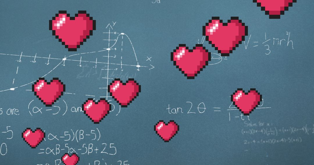 Pixel Hearts Floating Over Math Equations on Chalkboard Background