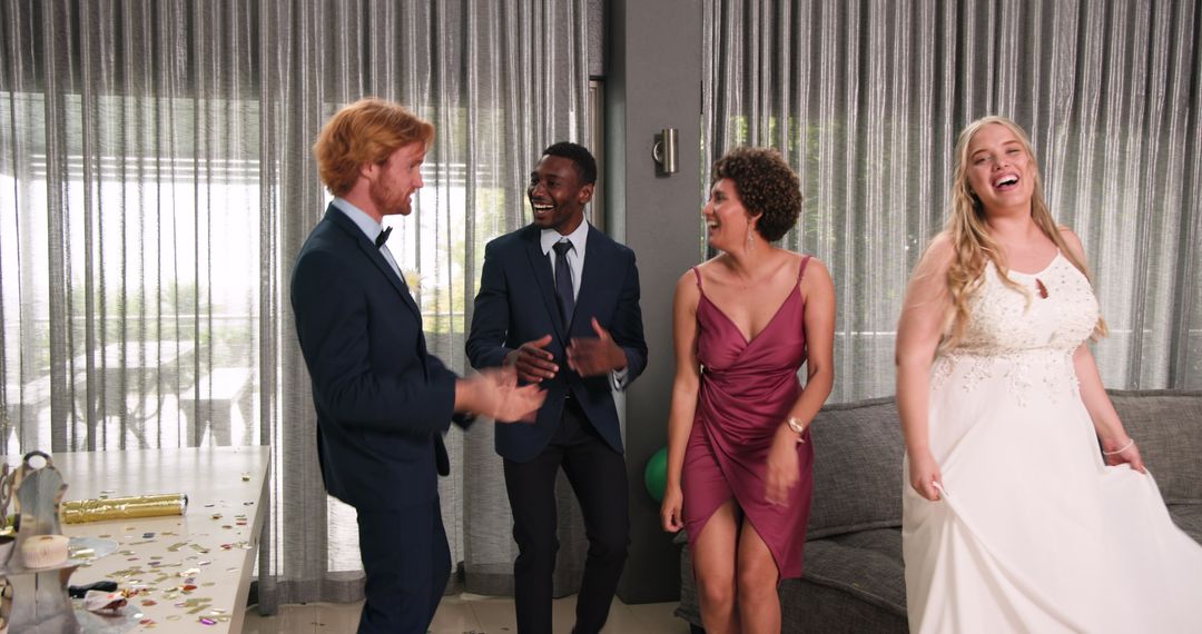 Joyful Wedding Reception with Diverse Friends Dancing