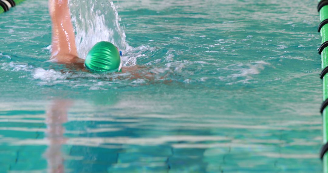 Swimmer Practicing Backstroke in Indoor Pool in Green Swim Cap - Free Images, Stock Photos and Pictures on Pikwizard.com