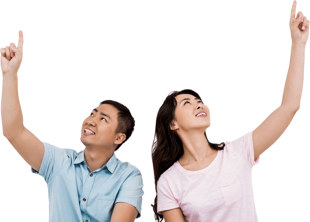 Smiling Couple Pointing Up on Transparent Background