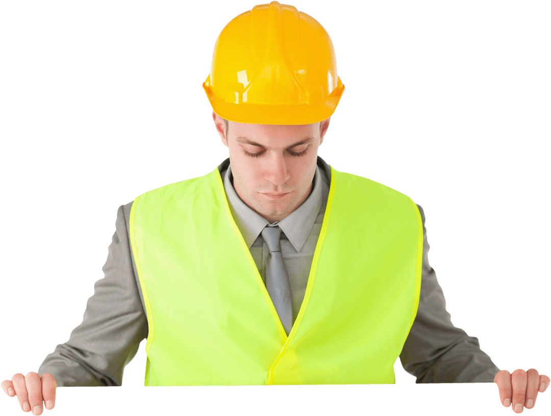 Transparent Architect Holding Blank Card with Safety Vest and Helmet