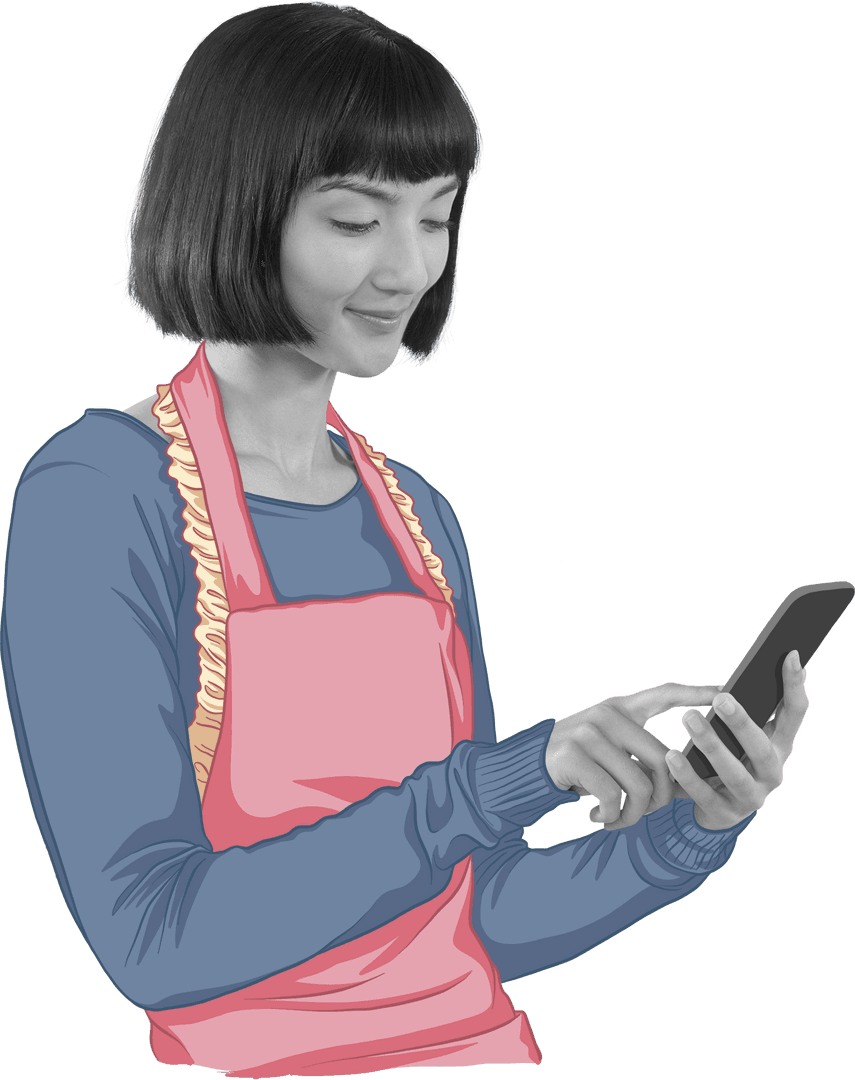 Smiling Woman in Apron Using Mobile Phone on Transparent Background