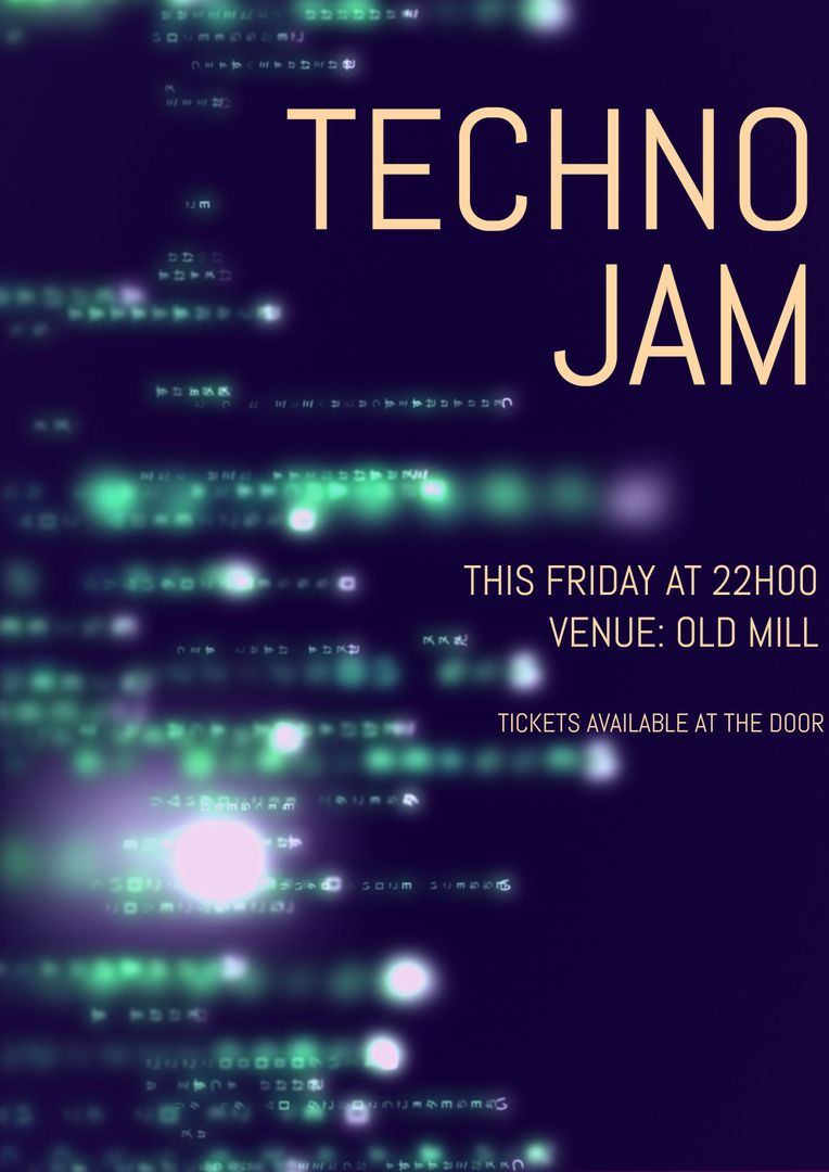 Futuristic Techno Jam Poster with Glowing Code Stream
