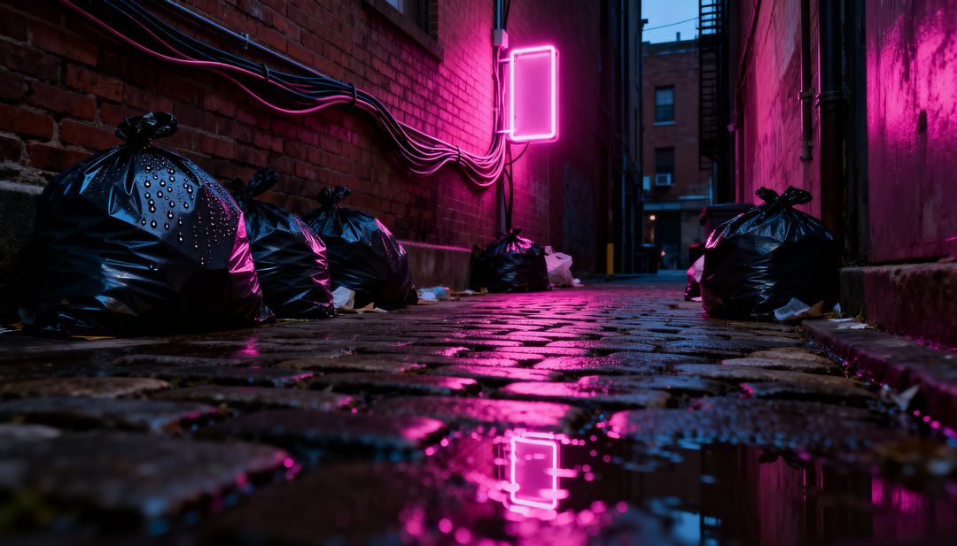 Wet cobblestone alley reflecting magenta neon glow with black garbage bags at night